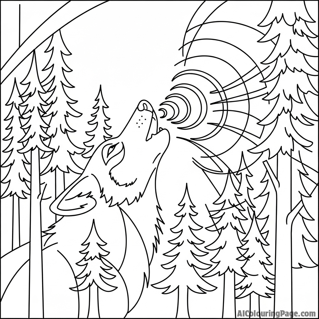 An abstract representation of a wolf's howl, visualized as sound waves rippling through a forest.