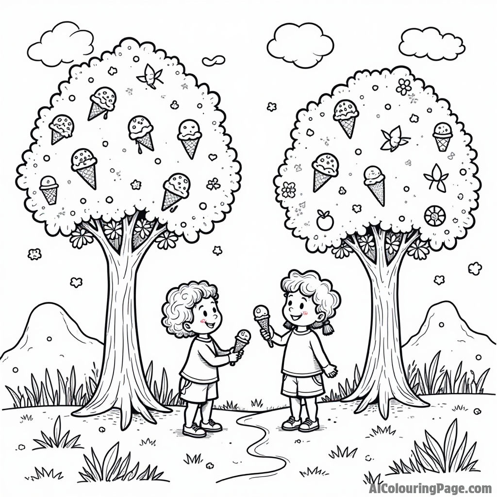 A magical world where ice cream grows on trees, with children picking their favorite flavors