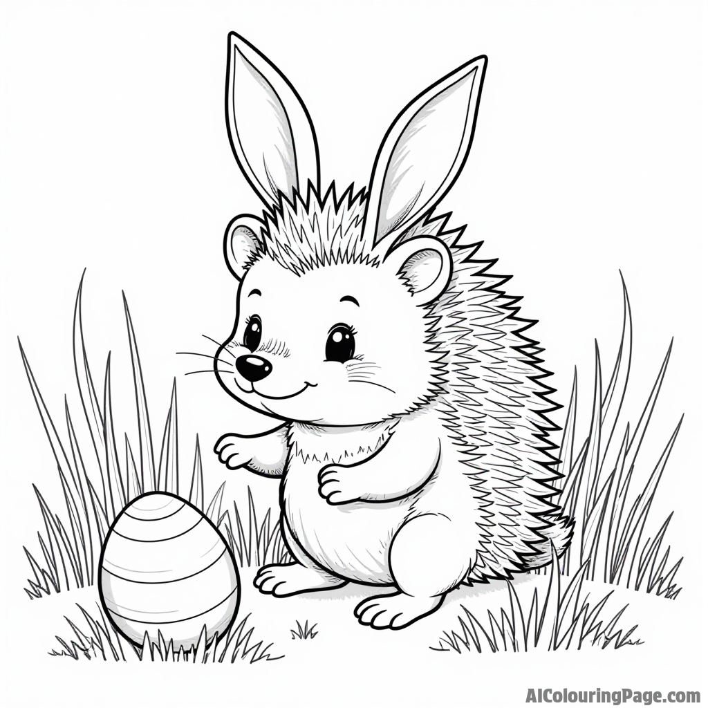 A cute hedgehog wearing bunny ears searching for Easter eggs hidden among the tall grass in a sunny meadow.