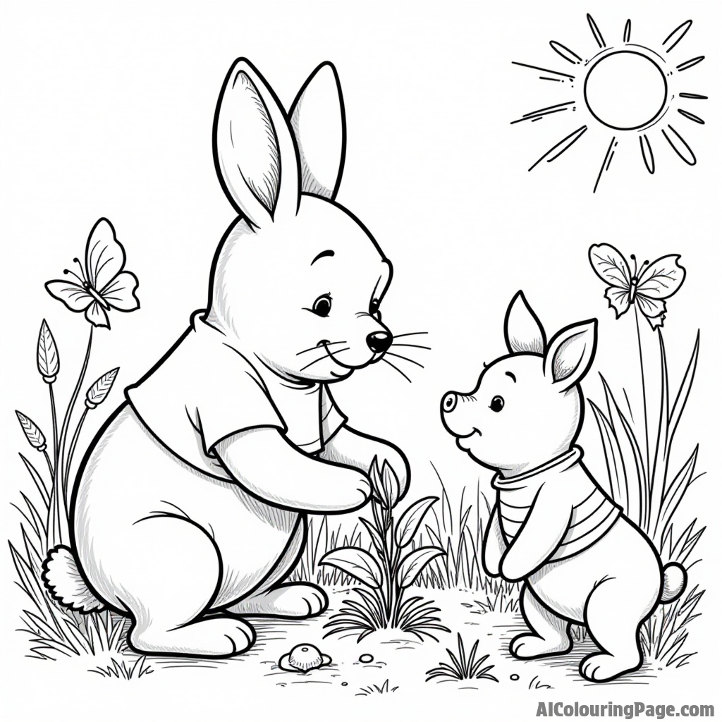 Rabbit planting seeds in his garden, with Pooh and Piglet watching closely, surrounded by butterflies and sunshine.