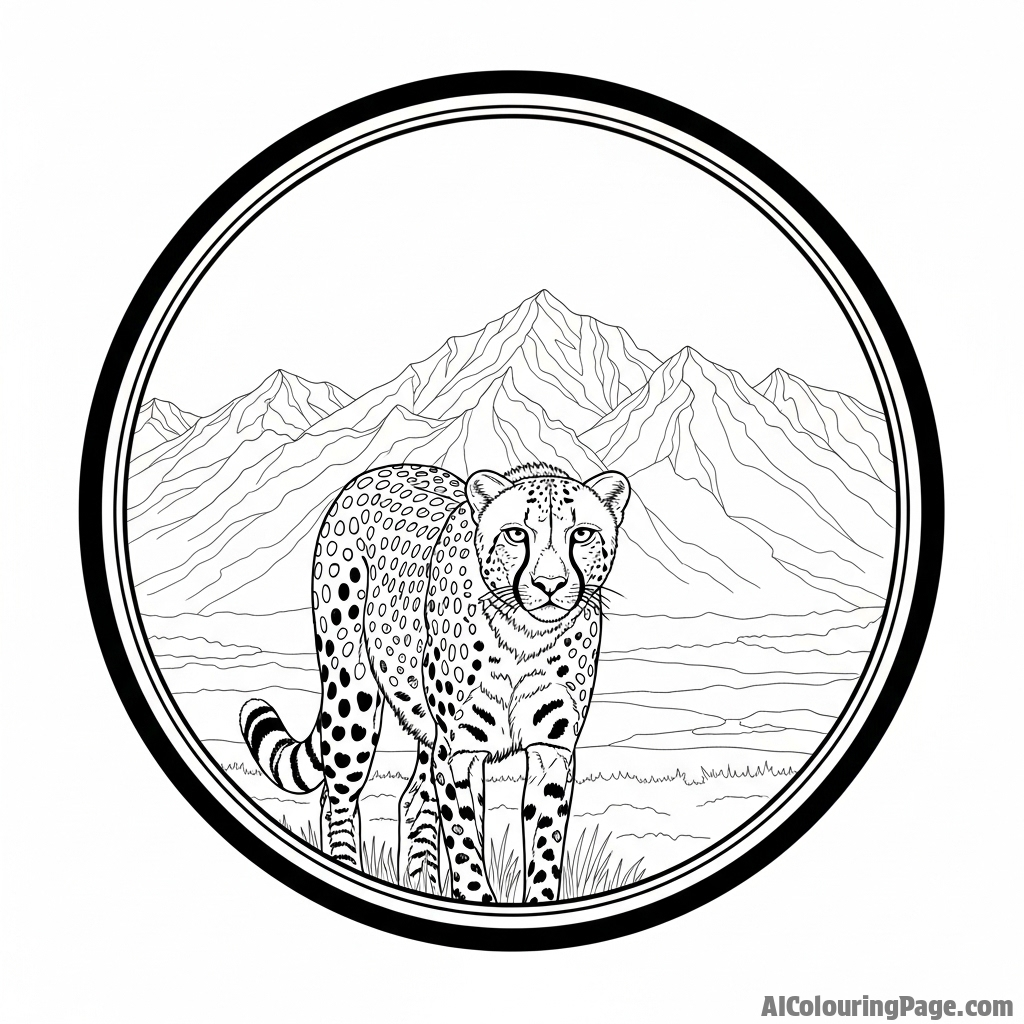 A shot through a telephoto lens, compressing the distance between a cheetah and a distant mountain range.