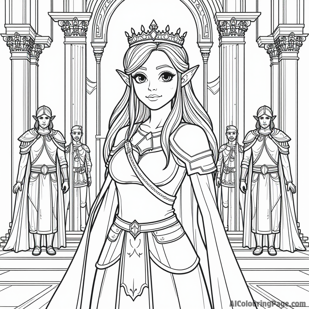 Zelda wearing a crown and holding a scepter, surrounded by royal guards, a grand throne, and a beautiful backdrop