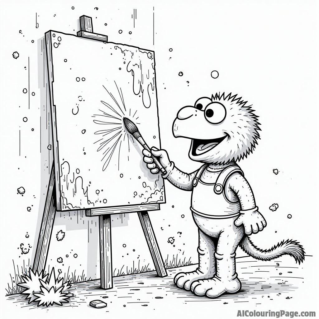 A Muppet baby painting a giant mural on a wall, with brushes and colorful splatters around, creating a masterpiece.