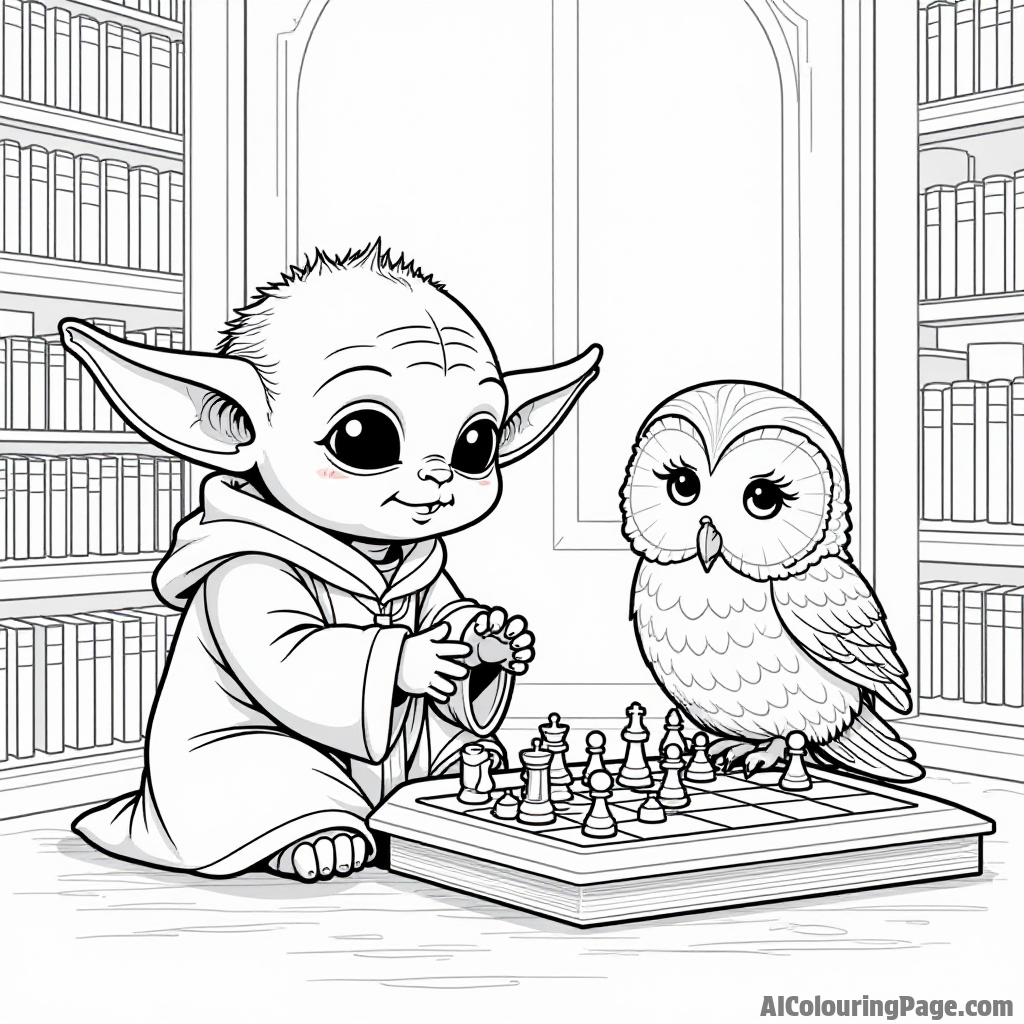 Baby Yoda playing chess with a wise old owl in a quiet library