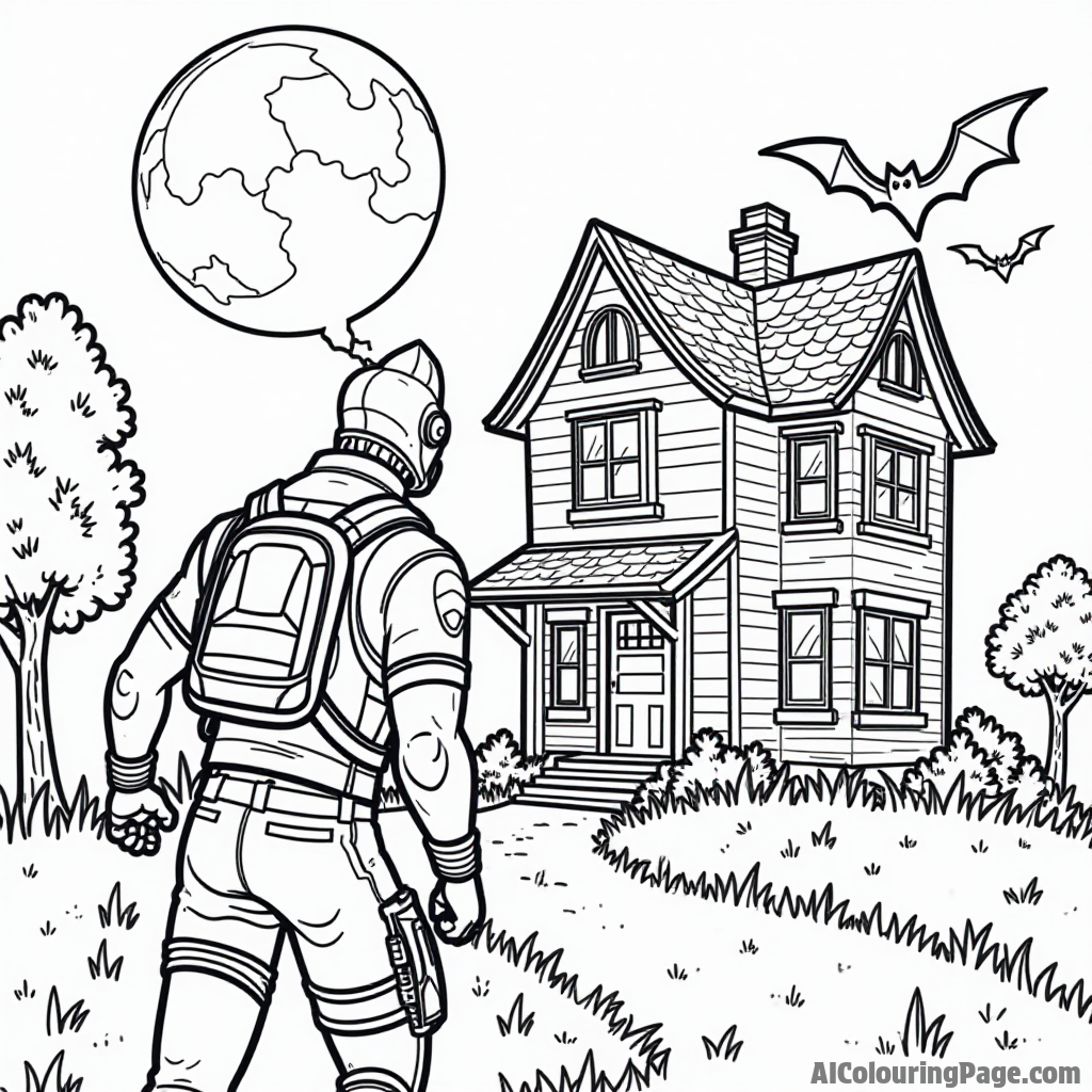 A Fortnite character exploring a spooky haunted house with bats flying and a full moon in the background for kids to color