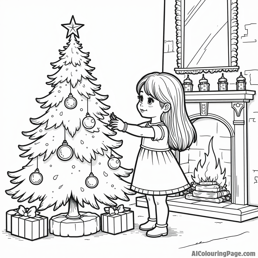 A doll decorating a Christmas tree with ornaments, tinsel, and lights, while a cozy fireplace crackles in the background.