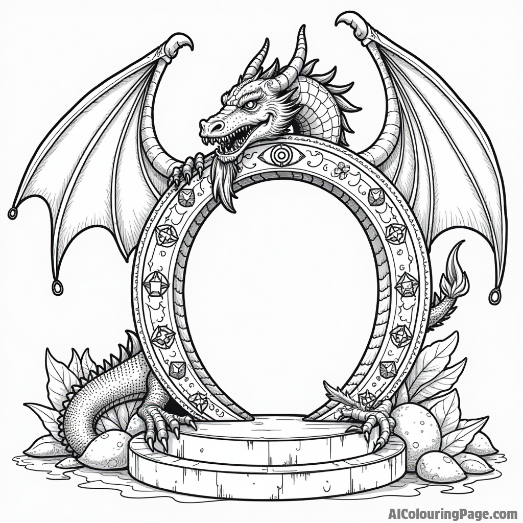 A dragon guarding a magical portal with swirling colors and mysterious symbols etched around its entrance.