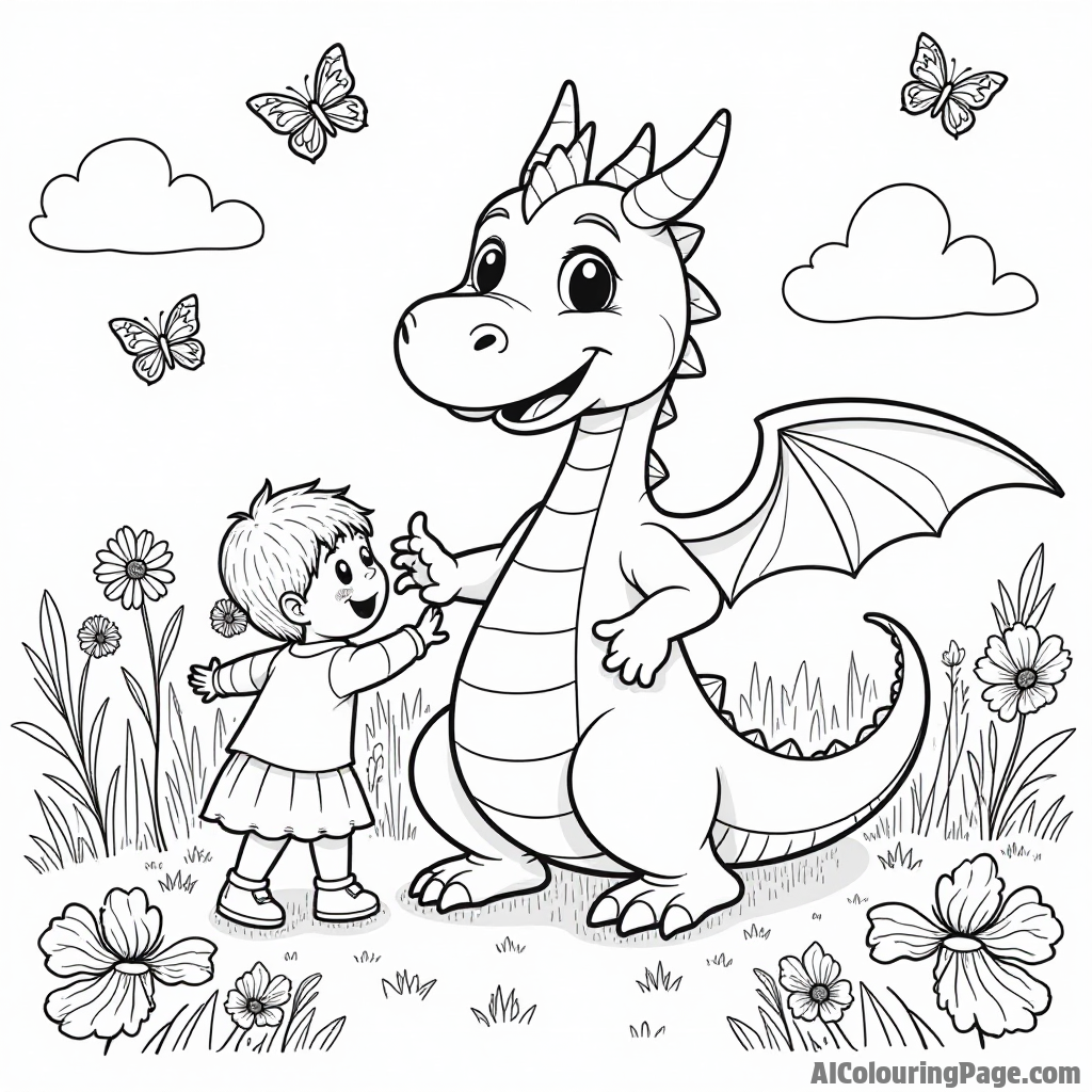 A friendly dragon playfully interacting with children in a sunny field filled with flowers and butterflies all around