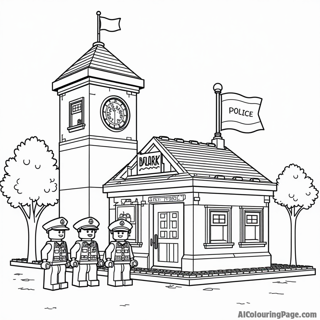 A Lego police station with a tall tower, a flag waving, and Lego officers talking in front, designed for children to color and enjoy.