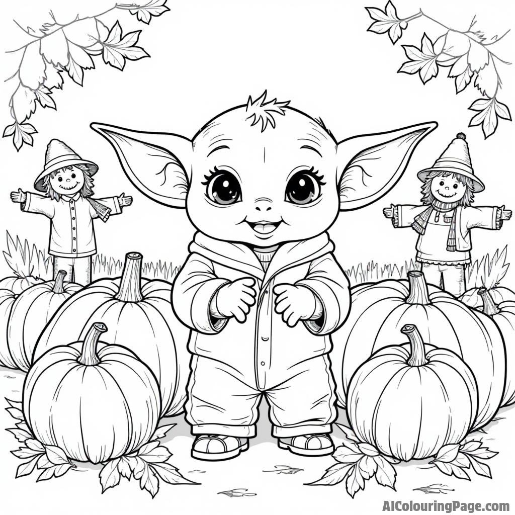 Baby Yoda exploring a pumpkin patch surrounded by scarecrows and autumn leaves