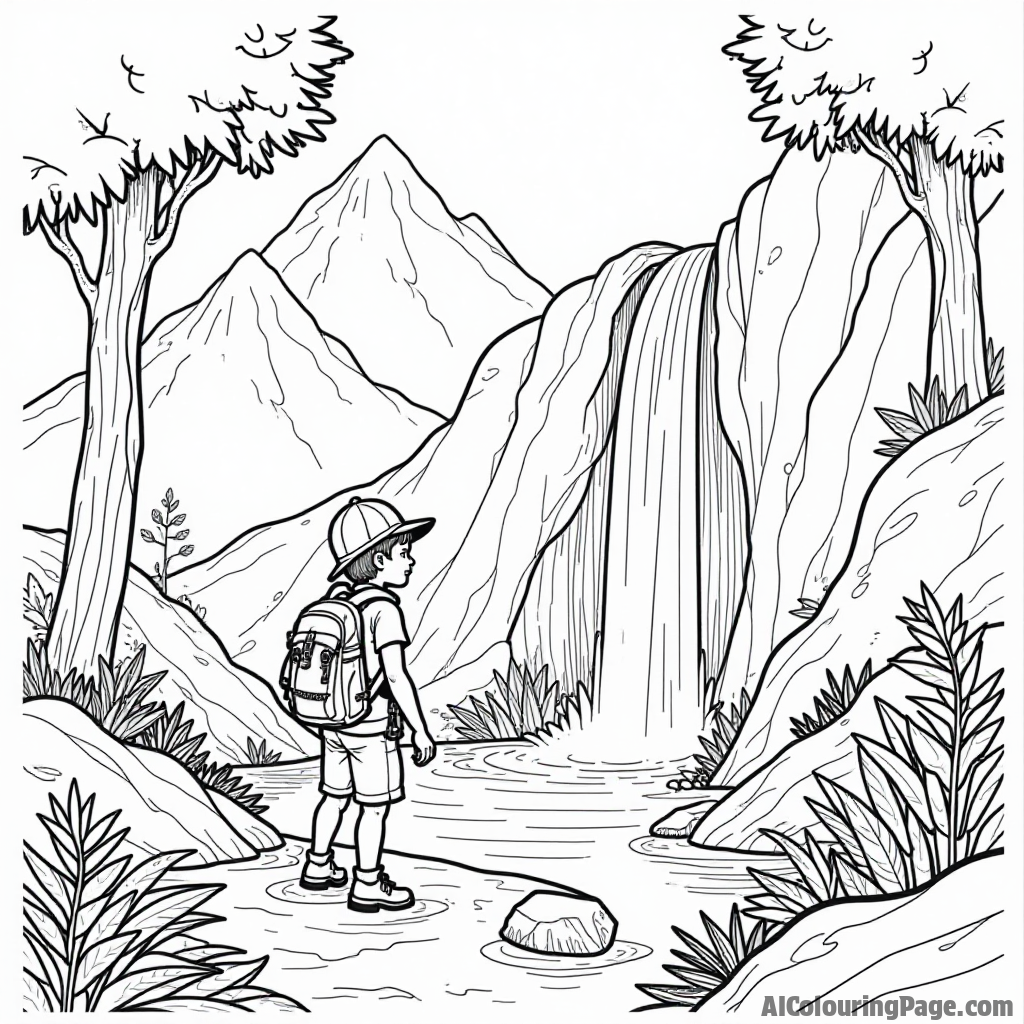 A young explorer discovering a hidden waterfall in the mountains, with rocks and ferns surrounding the scene, creating a magical atmosphere for imaginative coloring adventures.