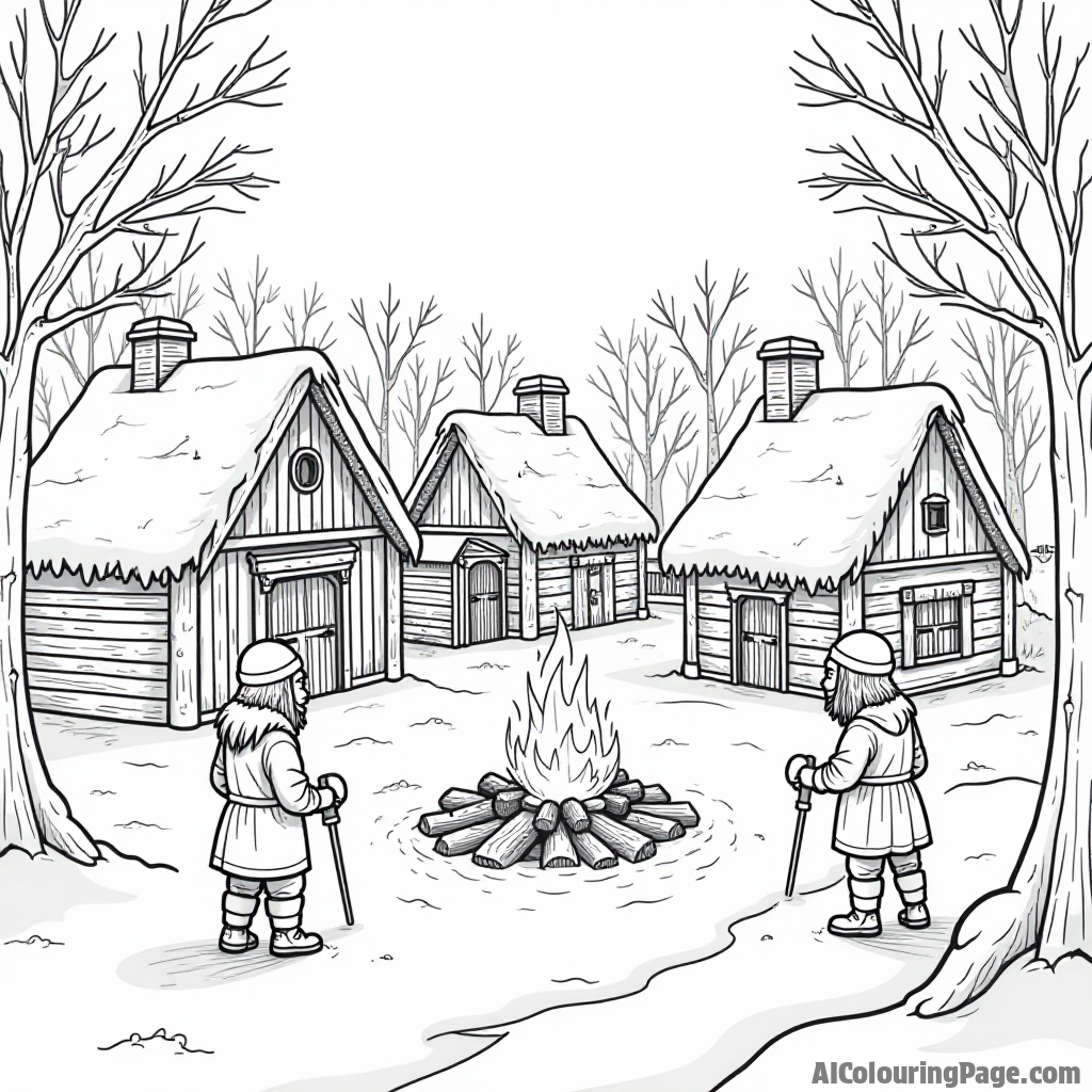 A Viking village in winter, with snow-covered roofs, children playing in the snow, and a warm fire in the center, illustrating community and fun in Viking life for coloring.