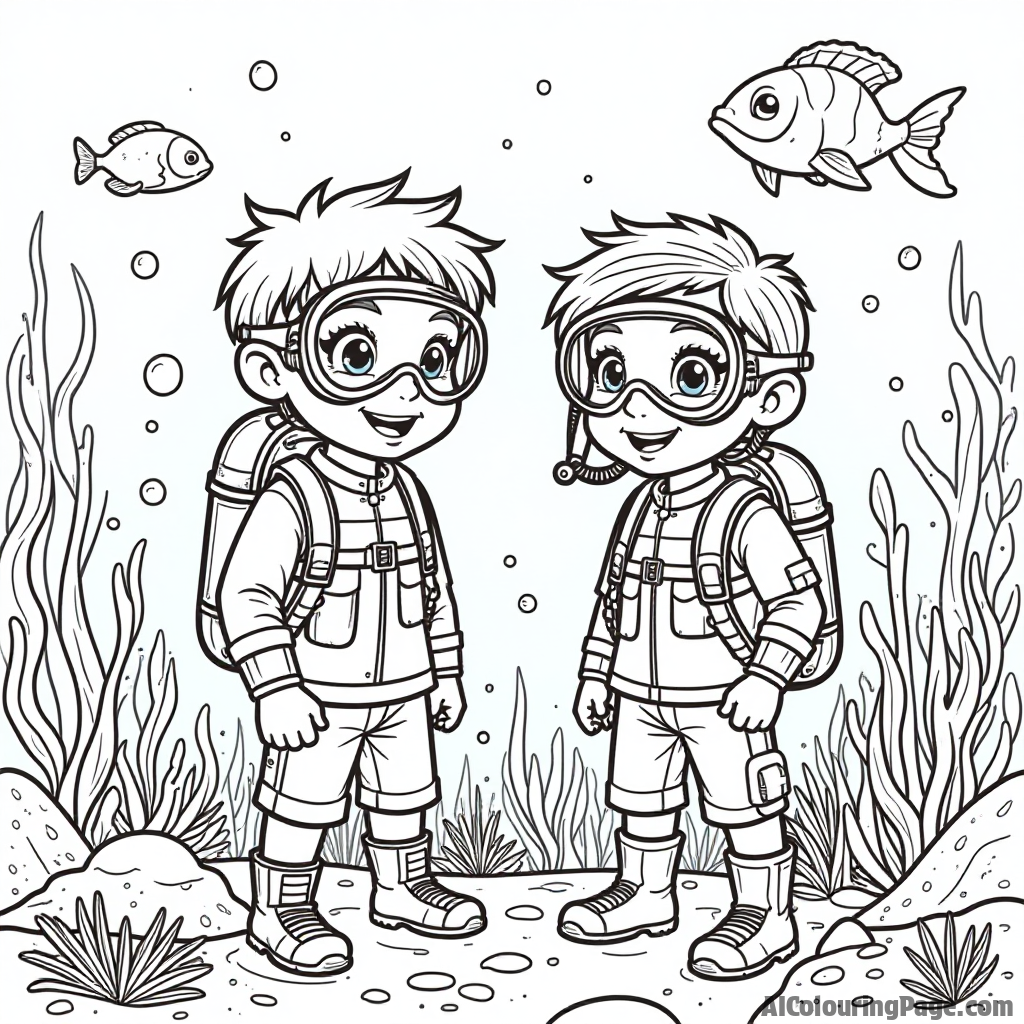 A pair of adventurous young explorers in diving gear, discovering a colorful underwater world filled with sea creatures, perfect for an exciting coloring page for children.