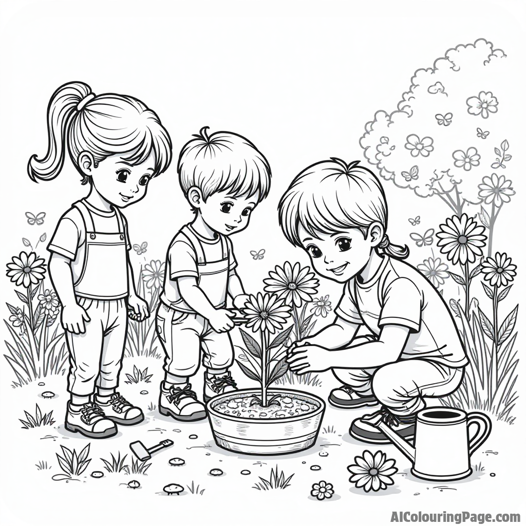 A group of children planting flowers in a community garden, with gardening tools and watering cans scattered around