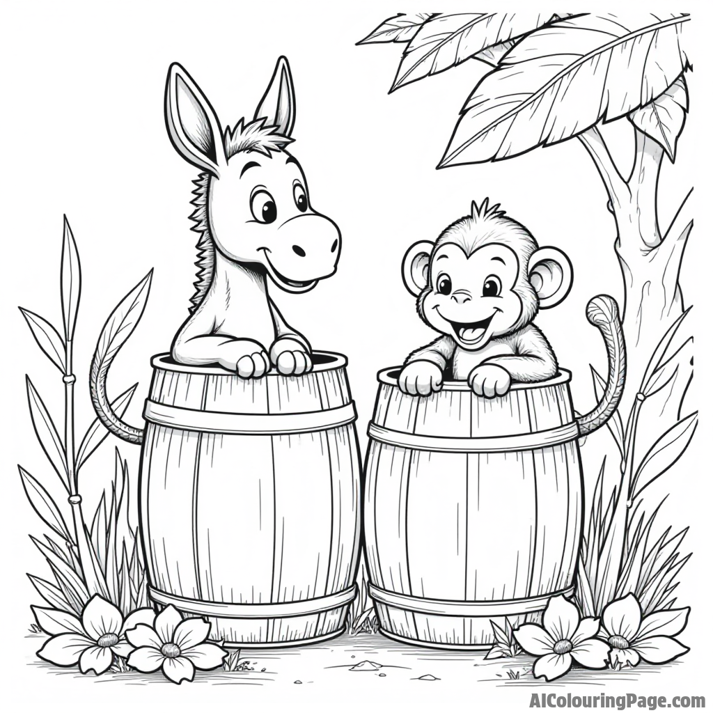 A donkey and a monkey playing hide and seek behind large barrels, with jungle plants and flowers surrounding them