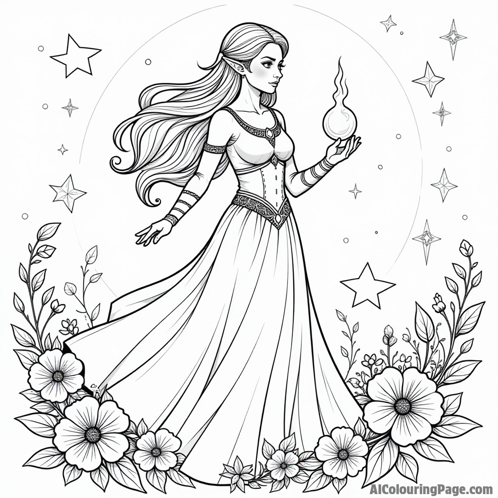 Zelda in a flowing gown holding a glowing orb, surrounded by swirling wind, flowers, and a backdrop of stars