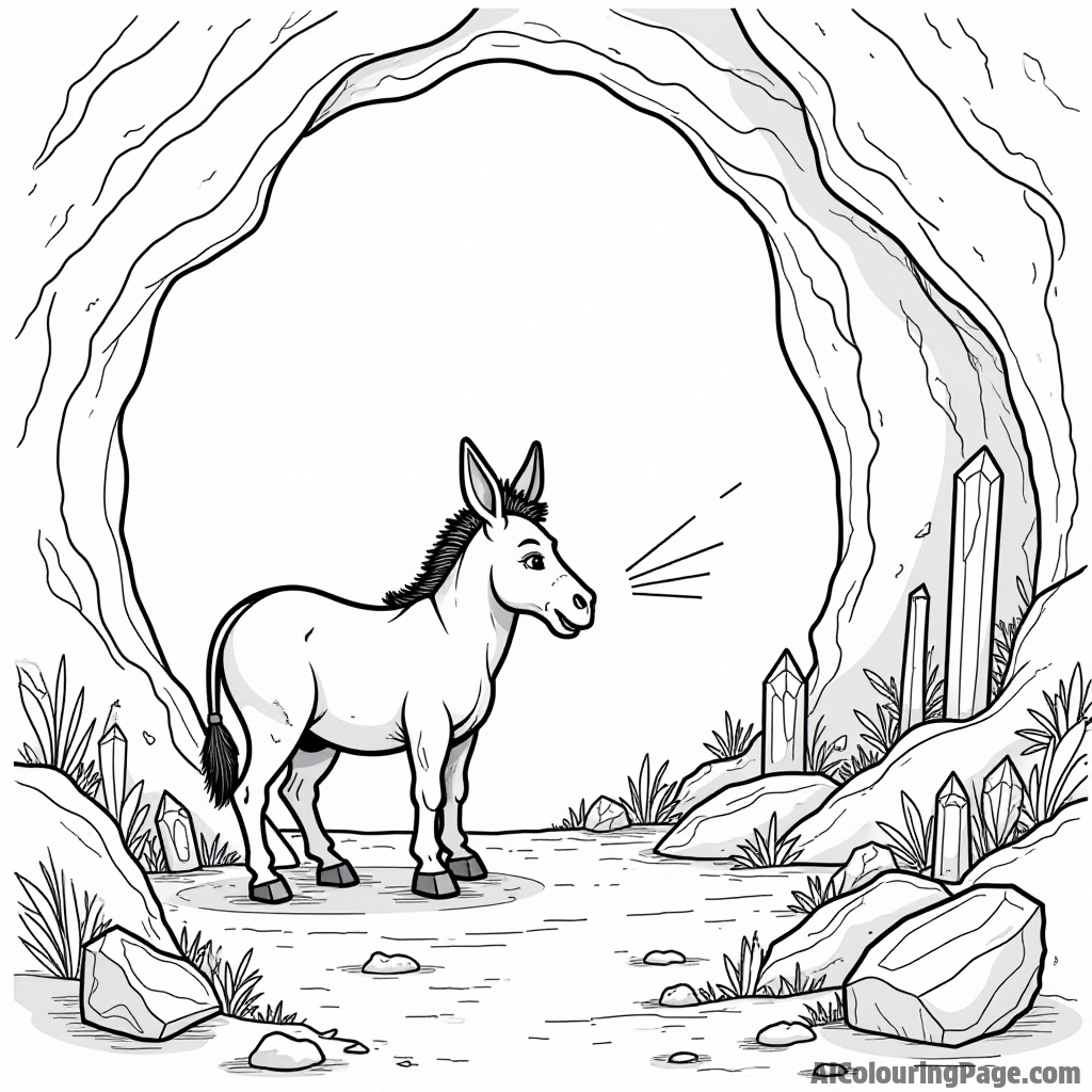 A donkey exploring a cave full of shiny crystals, with a flashlight illuminating the sparkling walls around