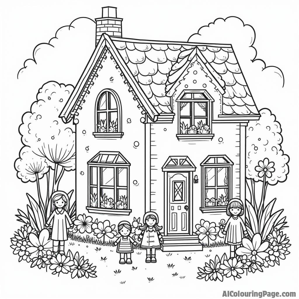 A vintage dollhouse surrounded by colorful dolls, with a tiny garden full of flowers, ready for imaginative play in a black and white coloring page for children.