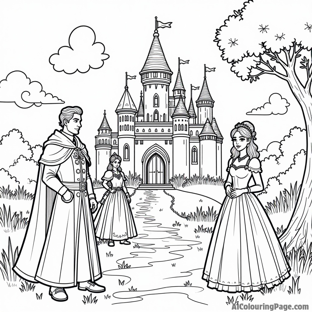 A vibrant Fortnite fairytale scene with characters dressed as princes and princesses in a magical kingdom for kids to color