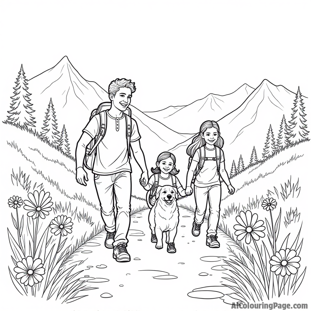 An adventurous family on a mountain trail, with a friendly dog leading the way, surrounded by wildflowers and butterflies, creating a vibrant scene for children to color.