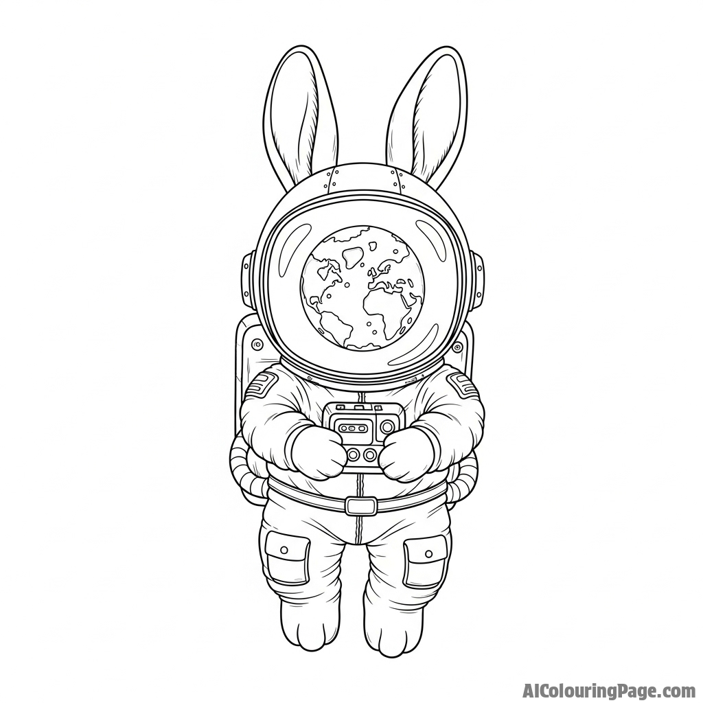 An astronaut rabbit floating serenely in zero gravity, a tiny planet visible through the visor.