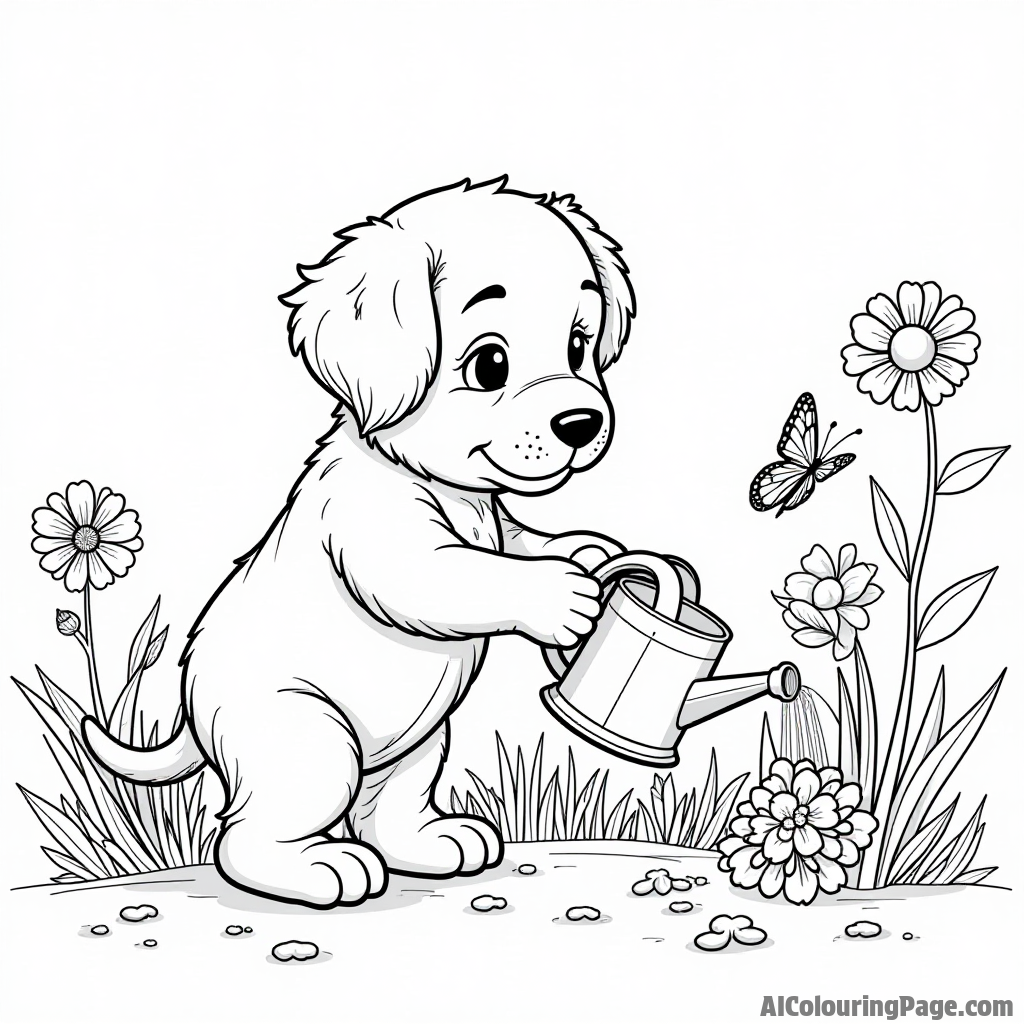 A puppy gardener watering flowers in a beautiful garden, with a watering can, colorful blooms, and a butterfly perched nearby.