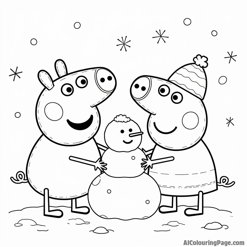 Peppa Pig and Daddy Pig building a snowman together in a winter wonderland with snowflakes falling gently around them.