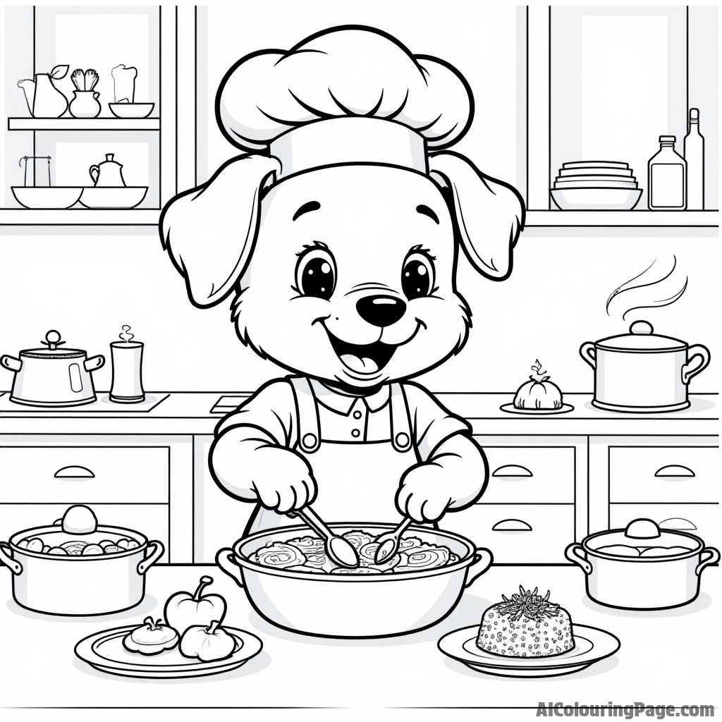 A puppy chef cooking in a kitchen, with pots, pans, and ingredients scattered around, happily preparing a delicious meal.