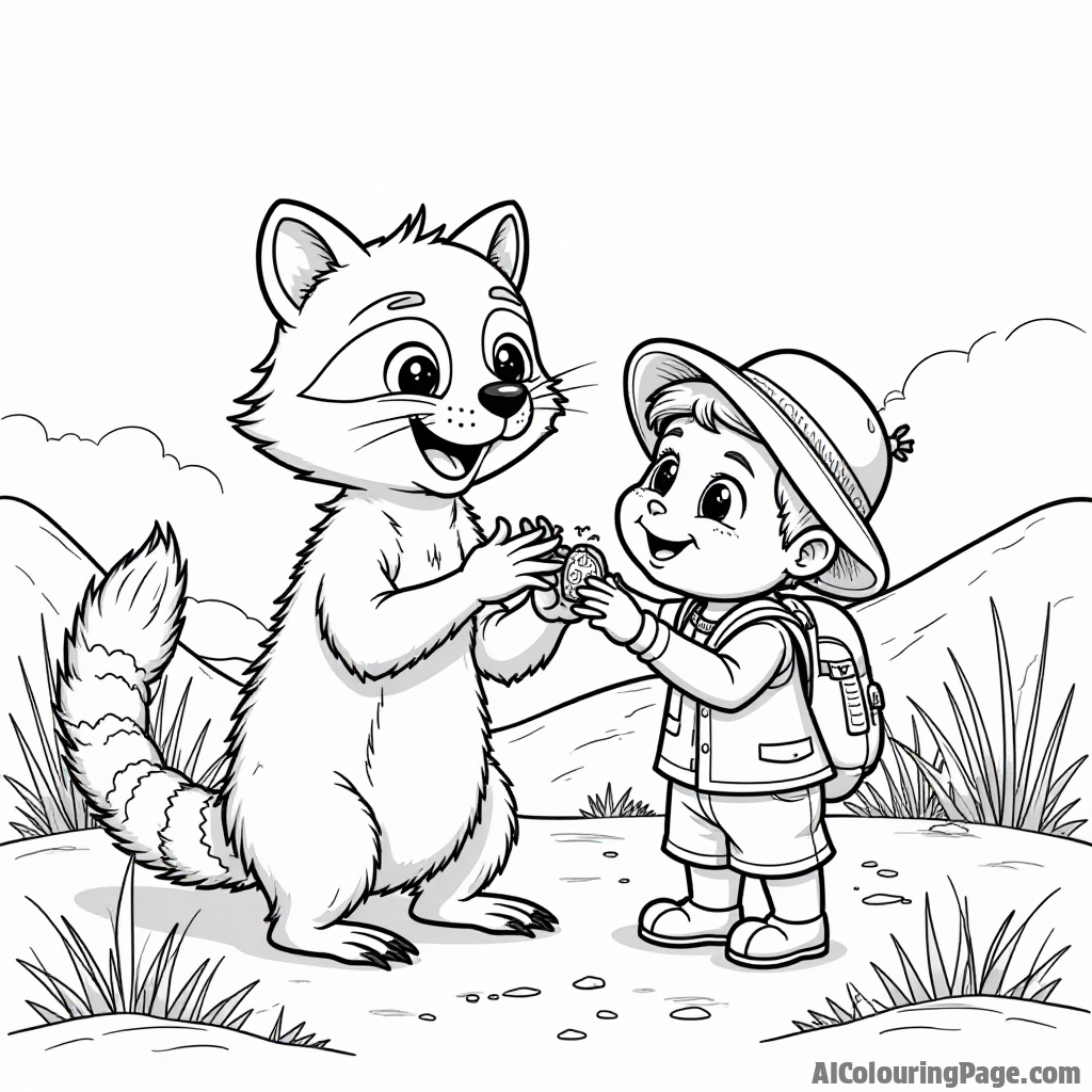 A playful scene of a desert raccoon sharing a snack with a young explorer, amidst sandy hills and swaying grasses, capturing the joy of friendship and exploration in a unique coloring page.