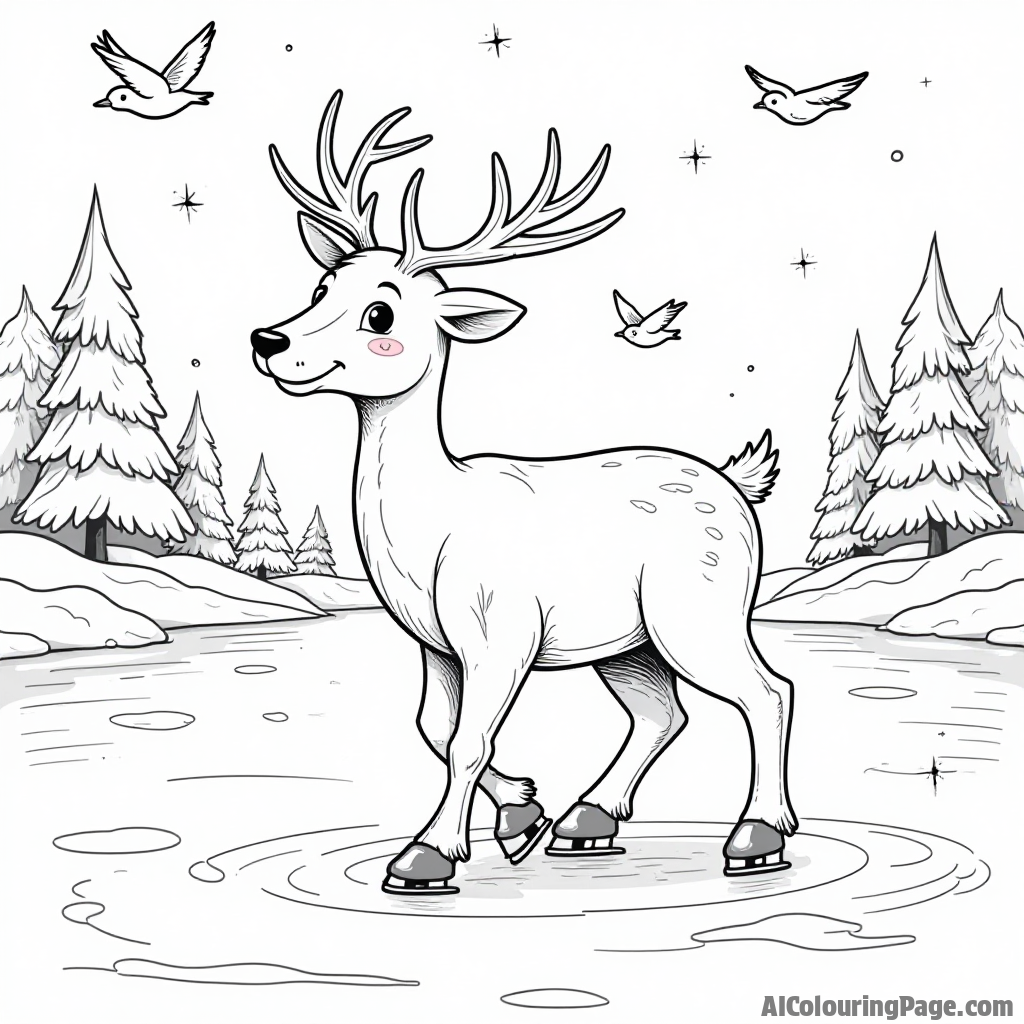 A friendly deer ice skating on a frozen lake, with playful birds flying around, creating a serene winter environment for kids to bring their colorful imaginations to life and enjoy.