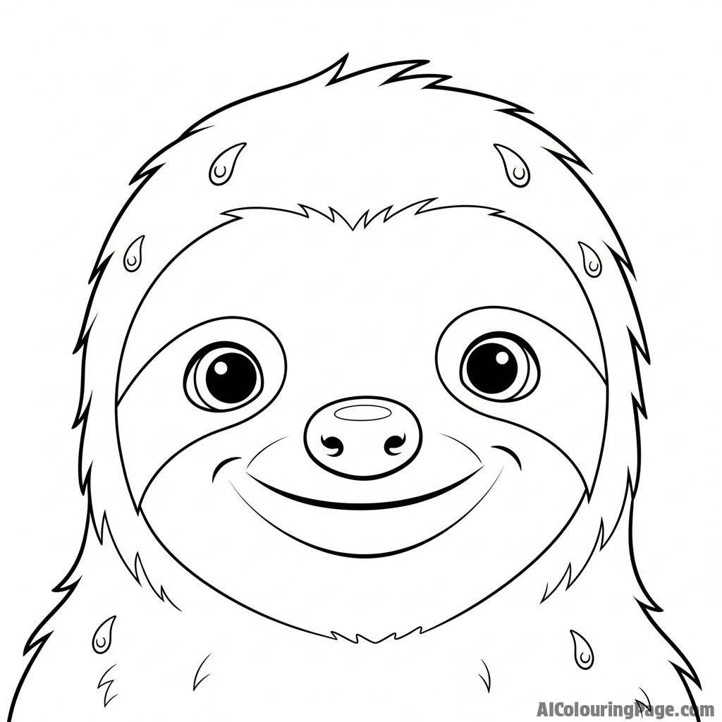 A close-up shot of a sloth's smiling face, with dewdrops on its fur.