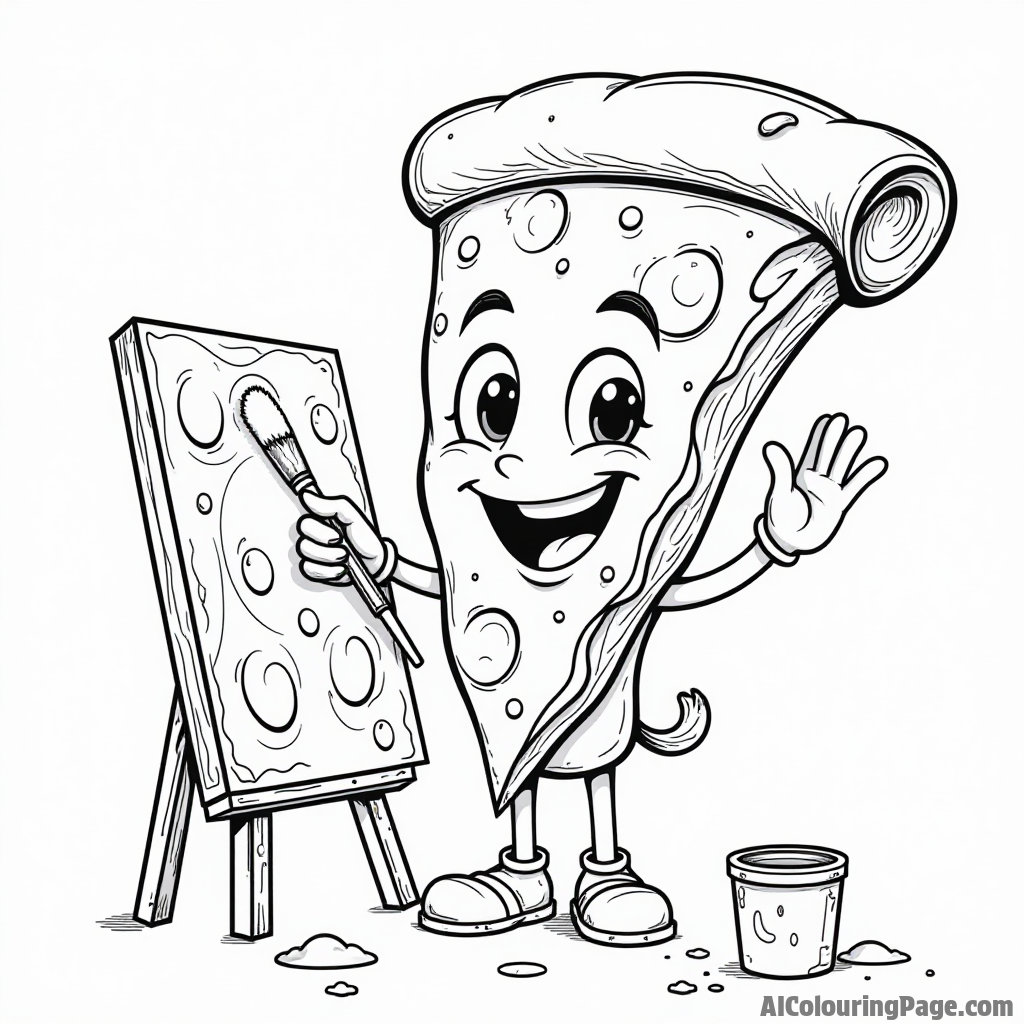 A friendly pizza slice painting a colorful mural of itself, with splashes of paint around and a big smile on its face.