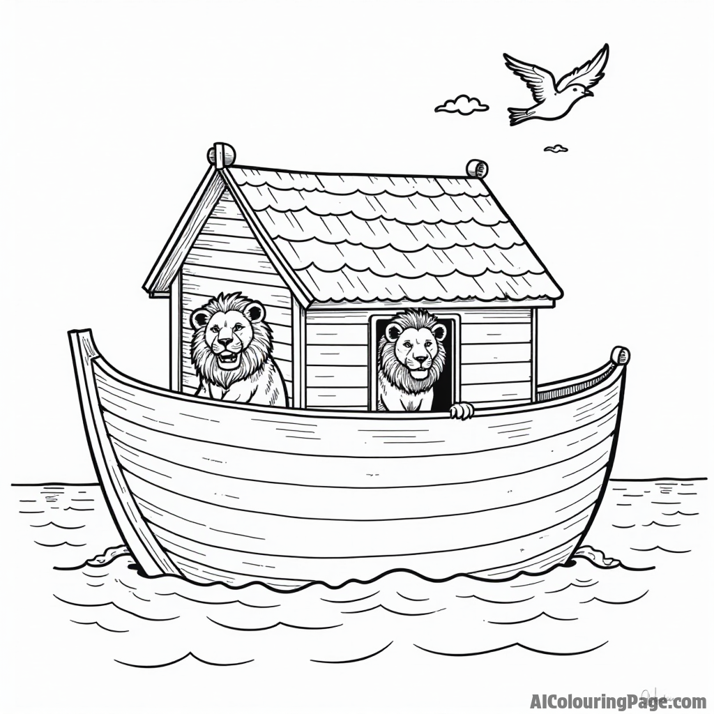 The ark sailing on calm waters, with a pair of lions peeking out from the windows and birds flying above.