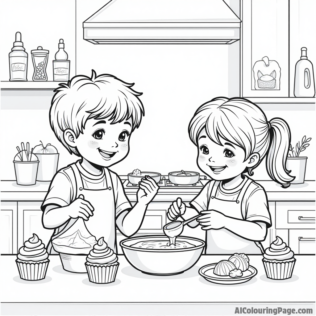 A cozy kitchen scene with children mixing chocolate batter and decorating cupcakes for a baking day.