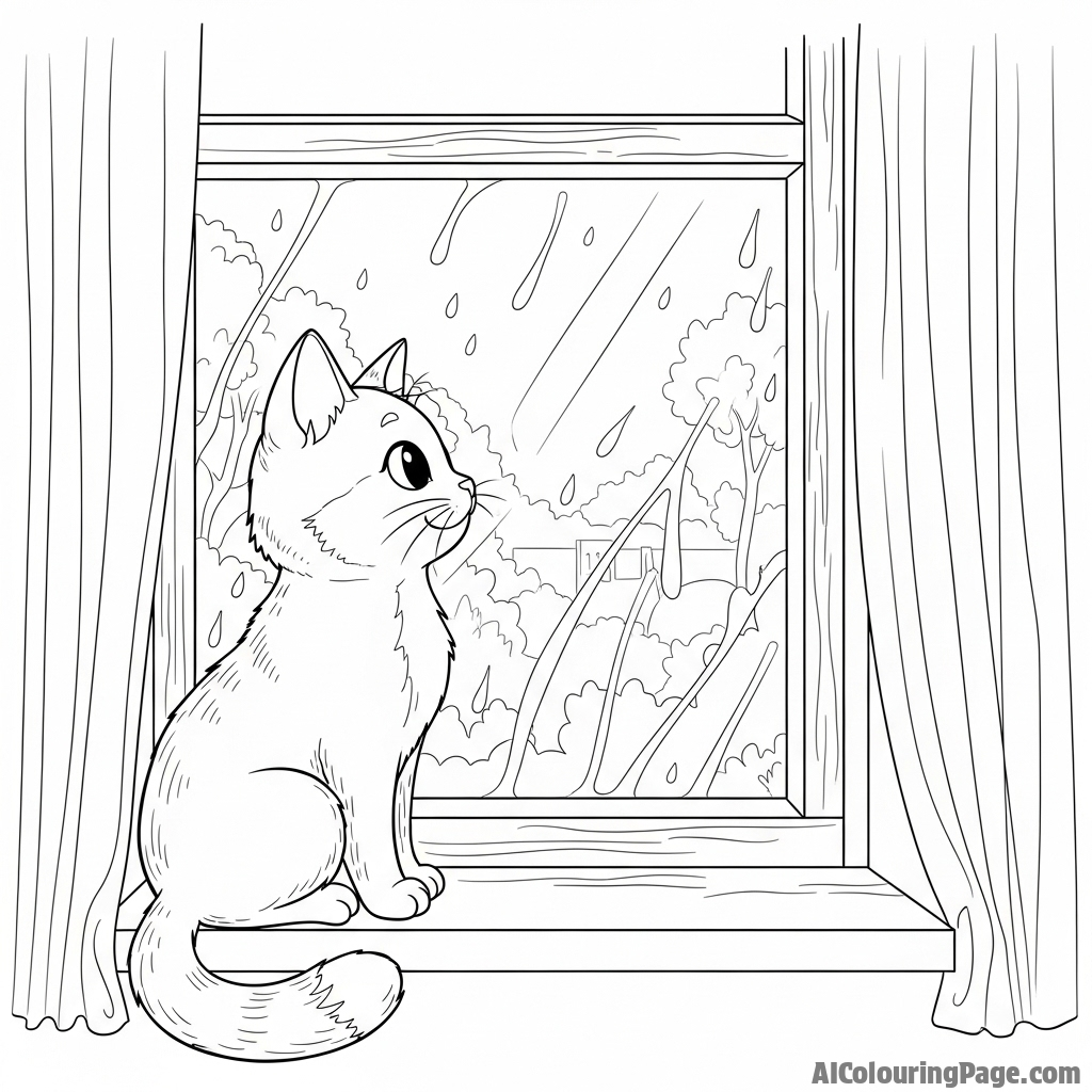A cat looking out a rain-streaked window at a blurry world outside.