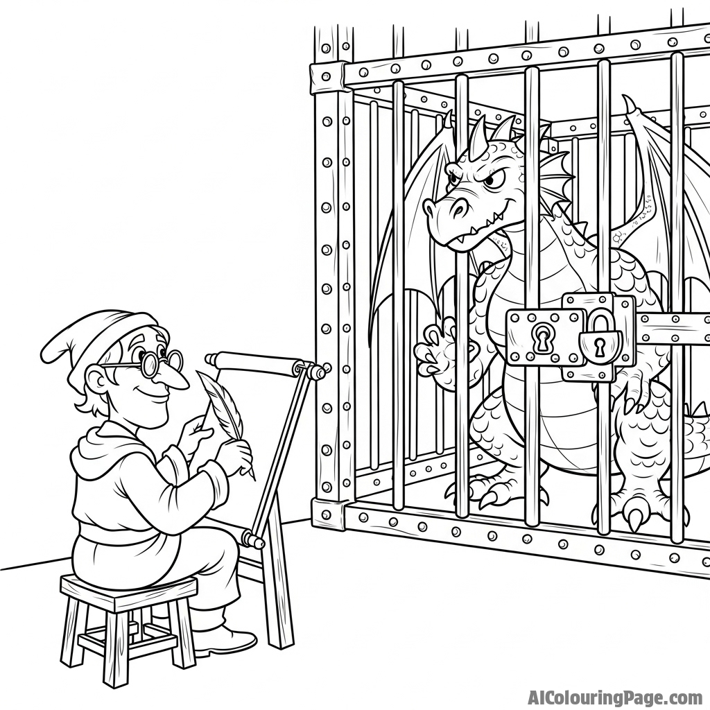 A scholar sketching a captured dragon in a massive, reinforced enclosure.