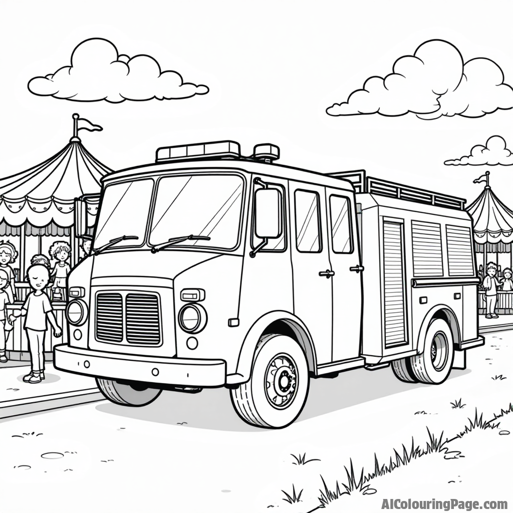 A fire truck parked at a community fair, with children enjoying rides and games nearby, creating a lively scene for kids to color.