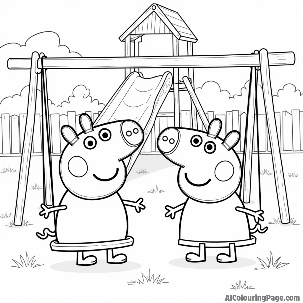 Peppa Pig and George Pig visiting a playground, swinging on swings and sliding down a colorful slide with friends.