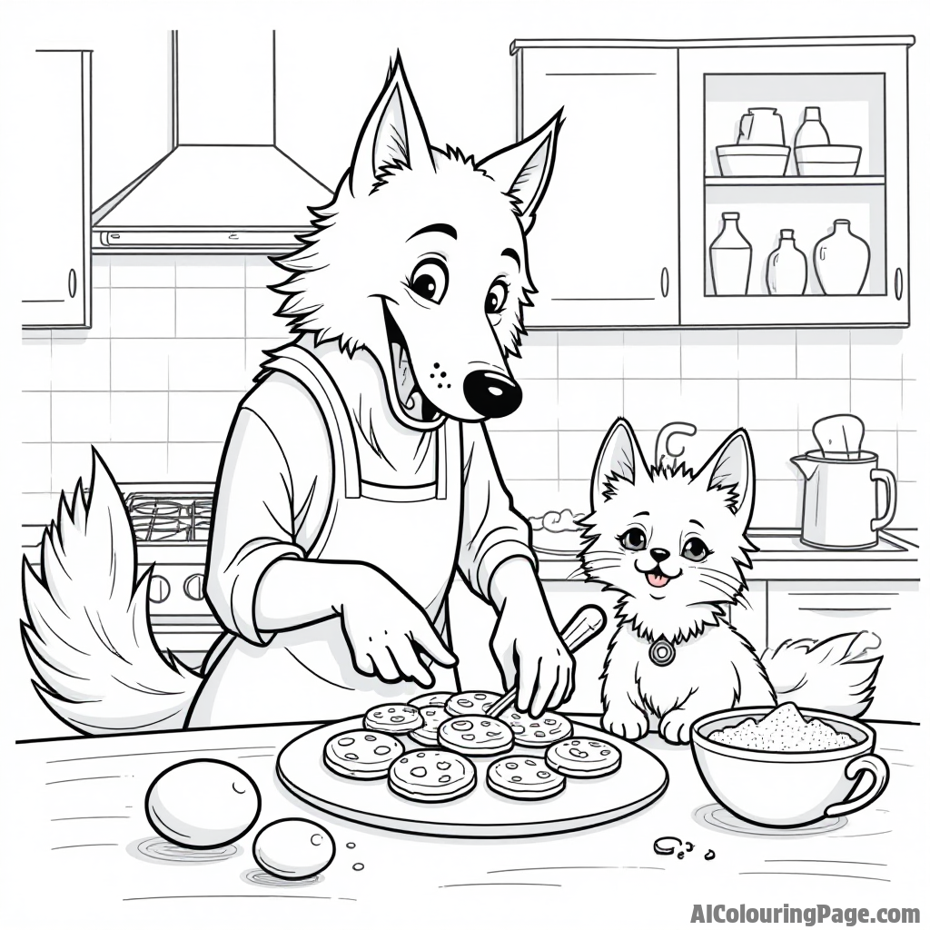 A werewolf baking cookies in a cozy kitchen filled with flour, eggs, and a playful cat helping out.