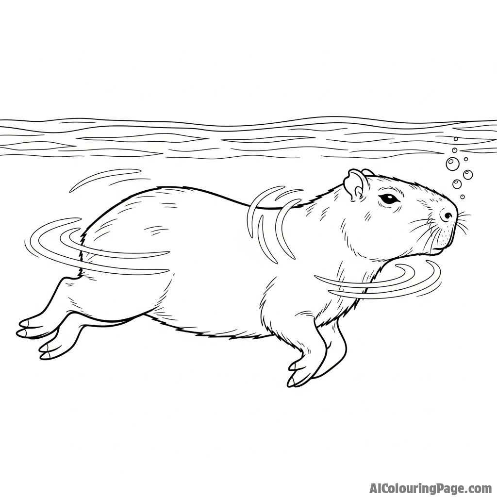 A capybara gracefully swimming underwater, viewed from the side.