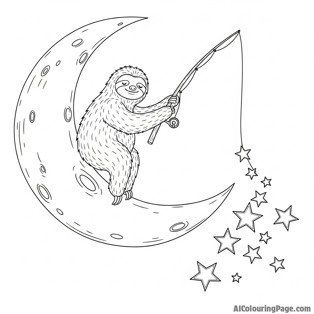 A surreal image of a sloth fishing for stars from the edge of a crescent moon.