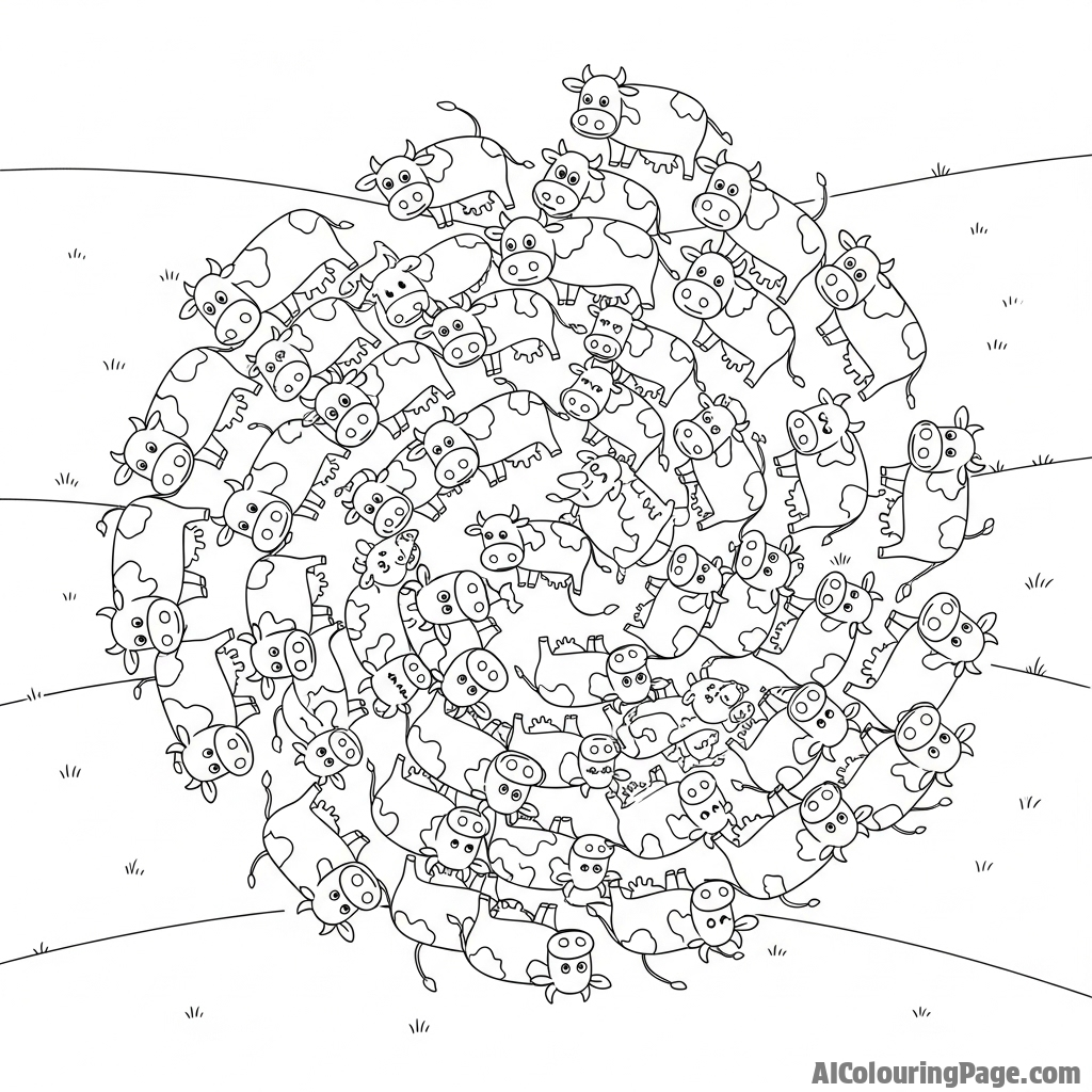 A high-angle drone shot of a herd of cows creating a swirling pattern in a field.