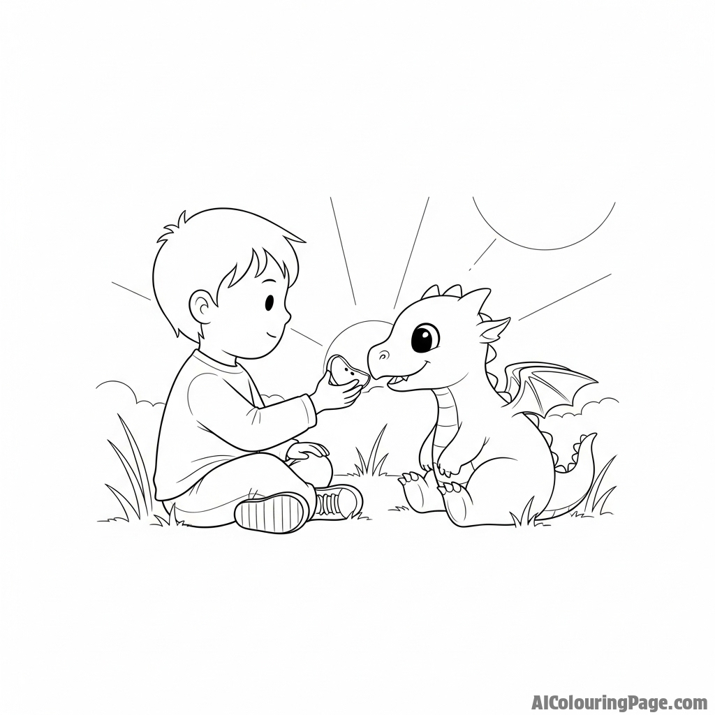 A child sharing a piece of fruit with a small, friendly dragon in a sunlit meadow.