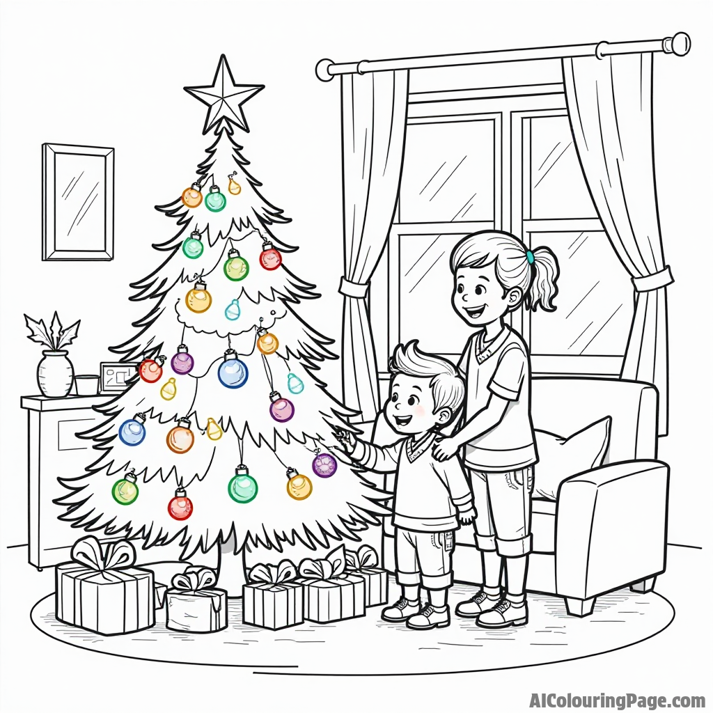 A joyful family decorating a Christmas tree, with colorful lights, ornaments, and a star, in their cozy living room.