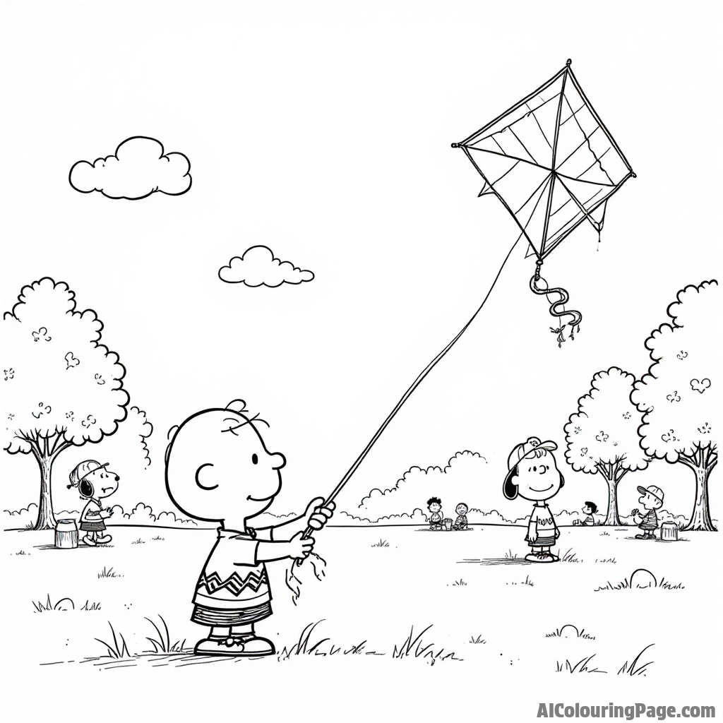 Charlie Brown and Snoopy flying a colorful kite in a park with trees and other kids enjoying the day