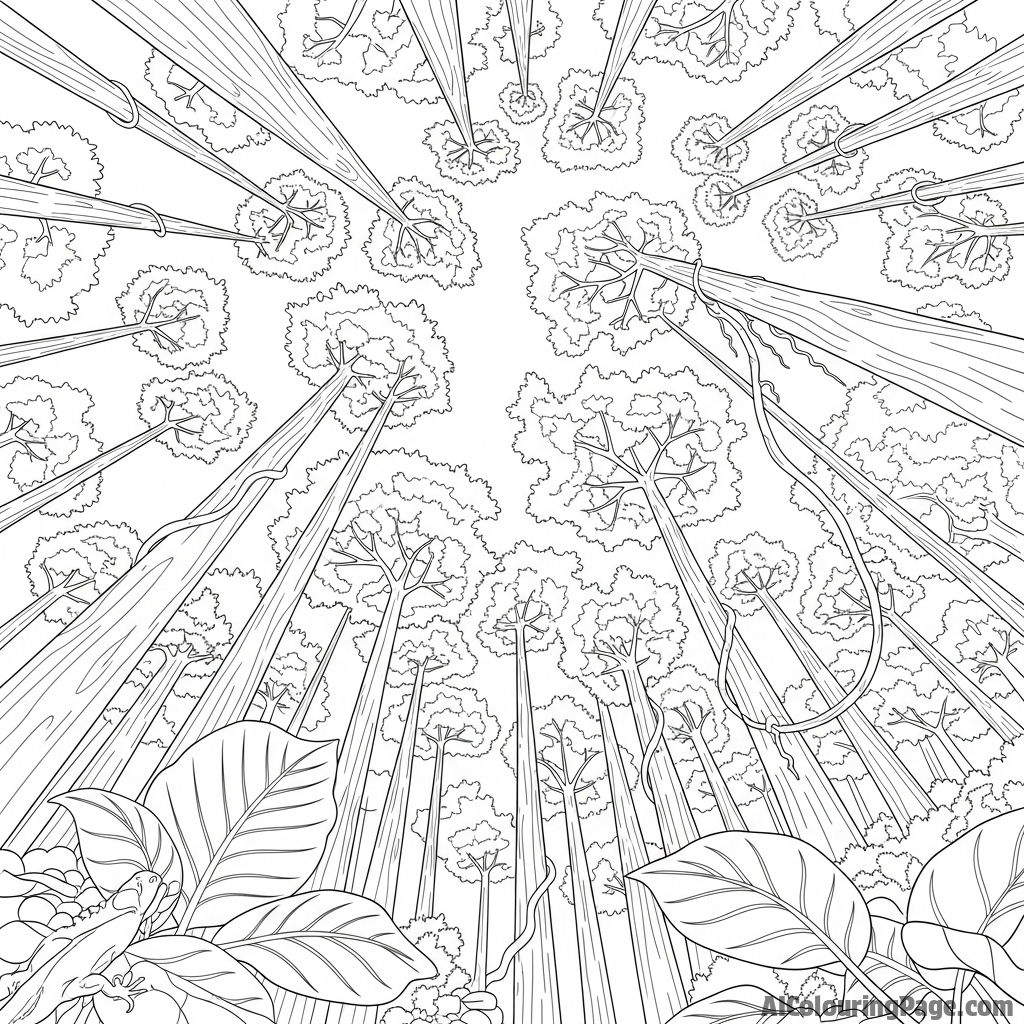A lizard's perspective, looking up at a towering forest canopy.