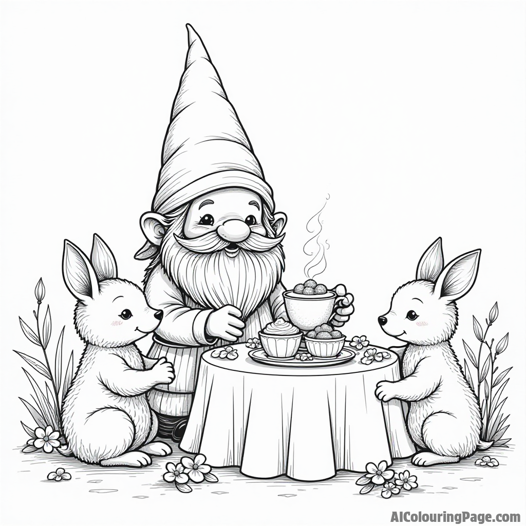 A gnome hosting a tea party with woodland animals, featuring tiny cups, cakes, and a beautiful flower arrangement.