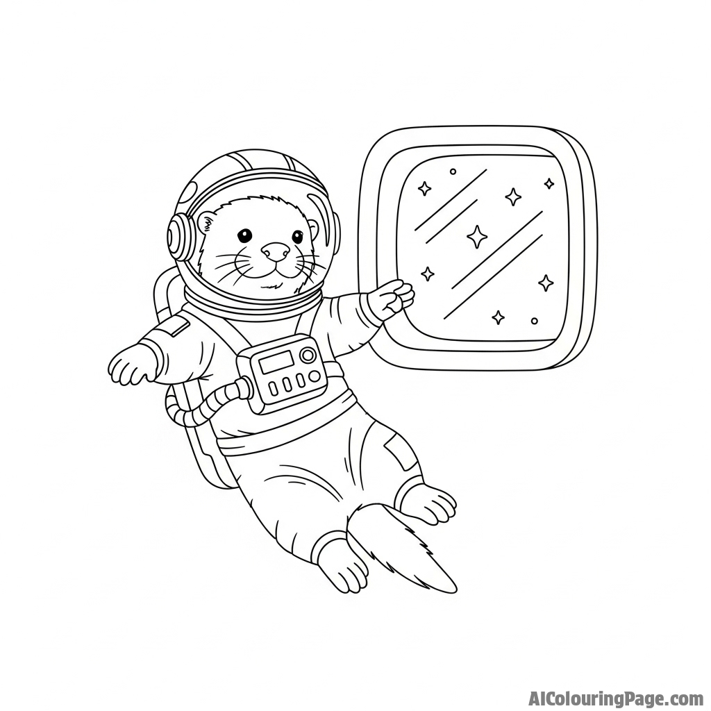 An otter astronaut floating in zero gravity next to the window of a spaceship.