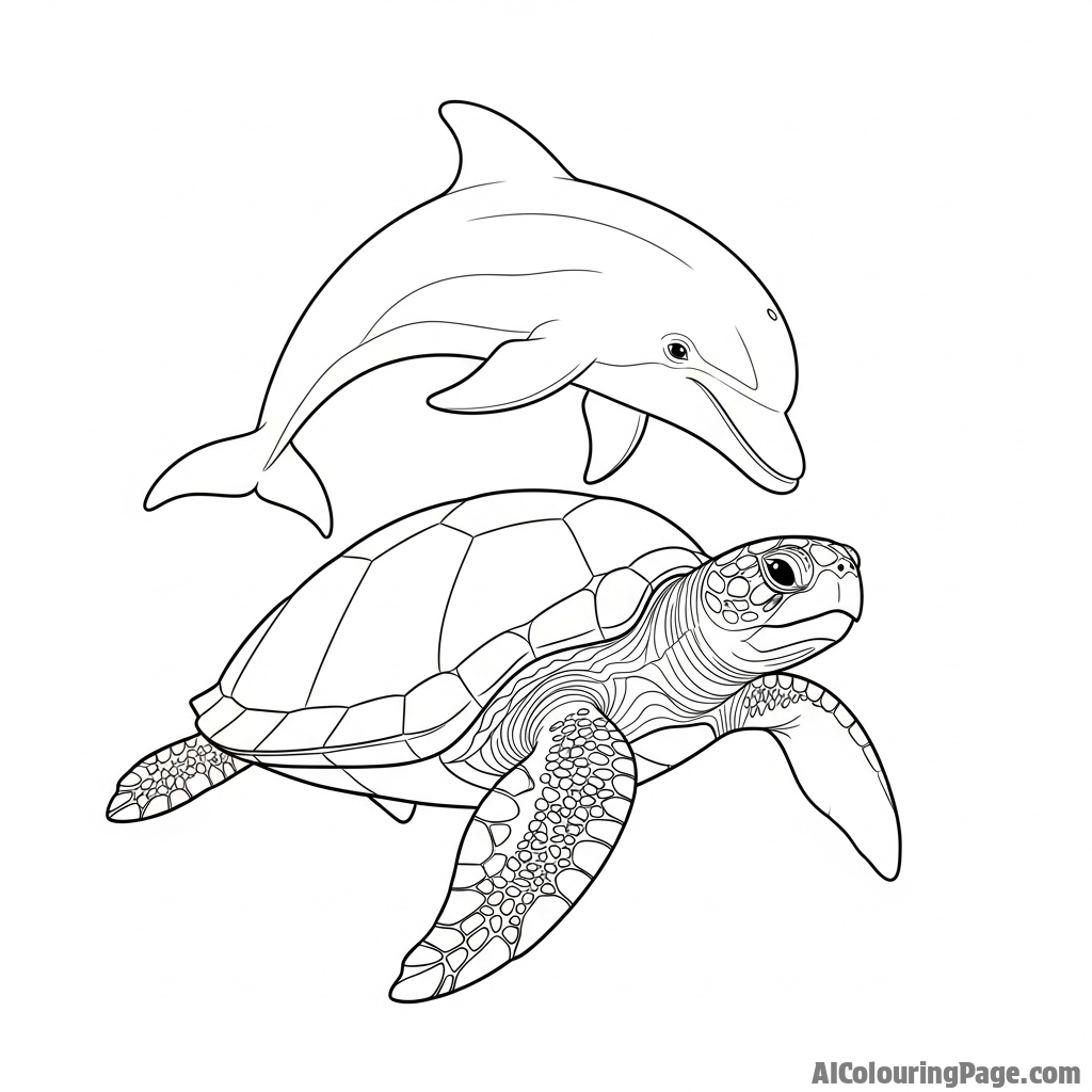 A dolphin playfully interacting with a large, ancient sea turtle.