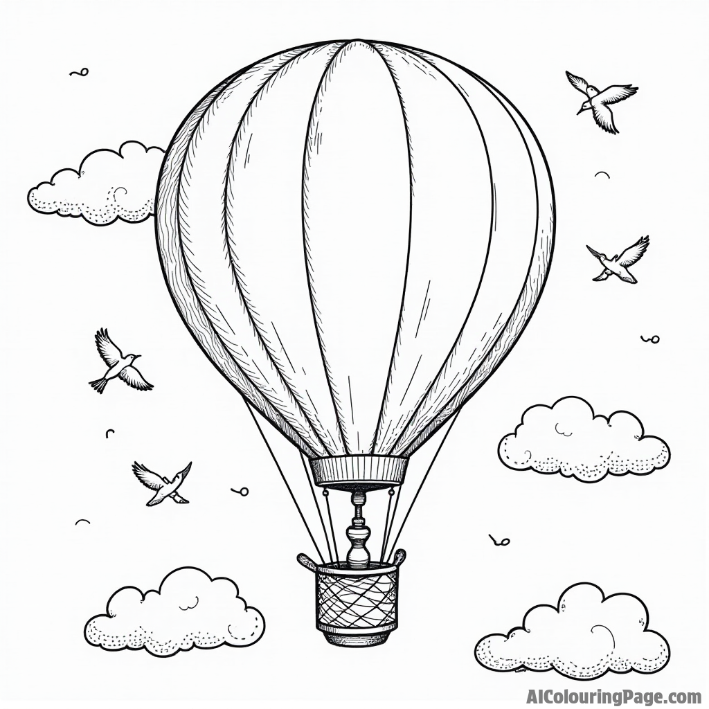 A whimsical hot air balloon floating in the sky, surrounded by fluffy clouds and birds, inviting adventure and exploration.